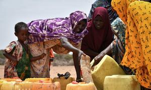 A group of women fetch water at a water trucking point in Kureyson village, Galkayo, Somalia.