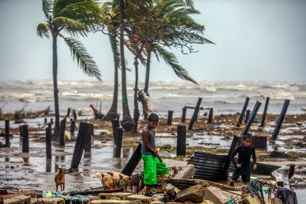 飓风过后，尼加拉瓜的儿童在寻找木材来帮助他们的父母重建房屋。