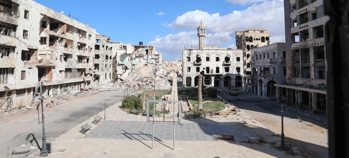 The old city centre destroyed by bombs and fighting, in Benghazi, Libya.