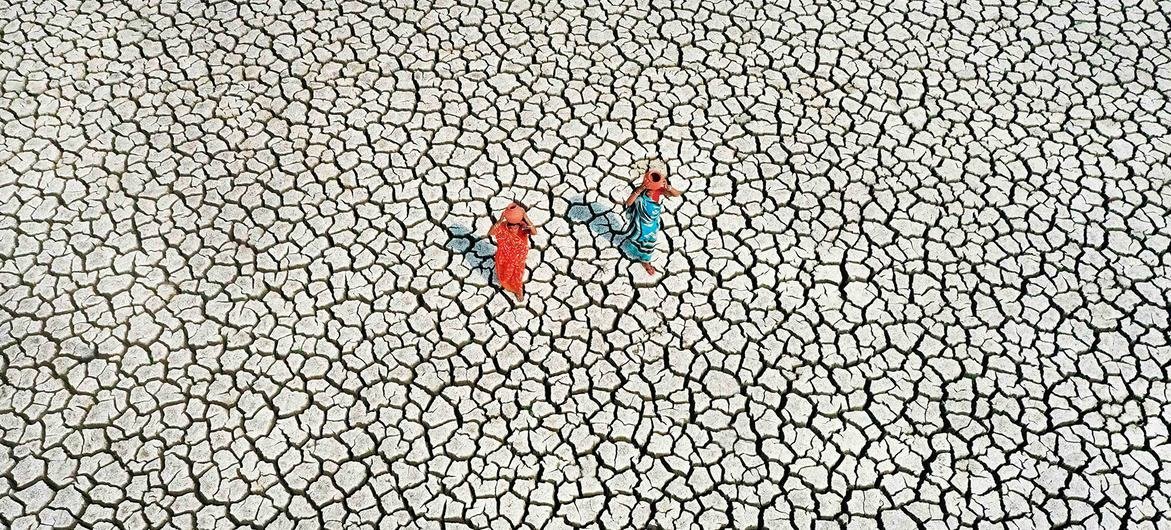 Sur une terre aride, gravement touchée par la sécheresse, deux femmes cherchent leur réserve d'eau quotidienne.