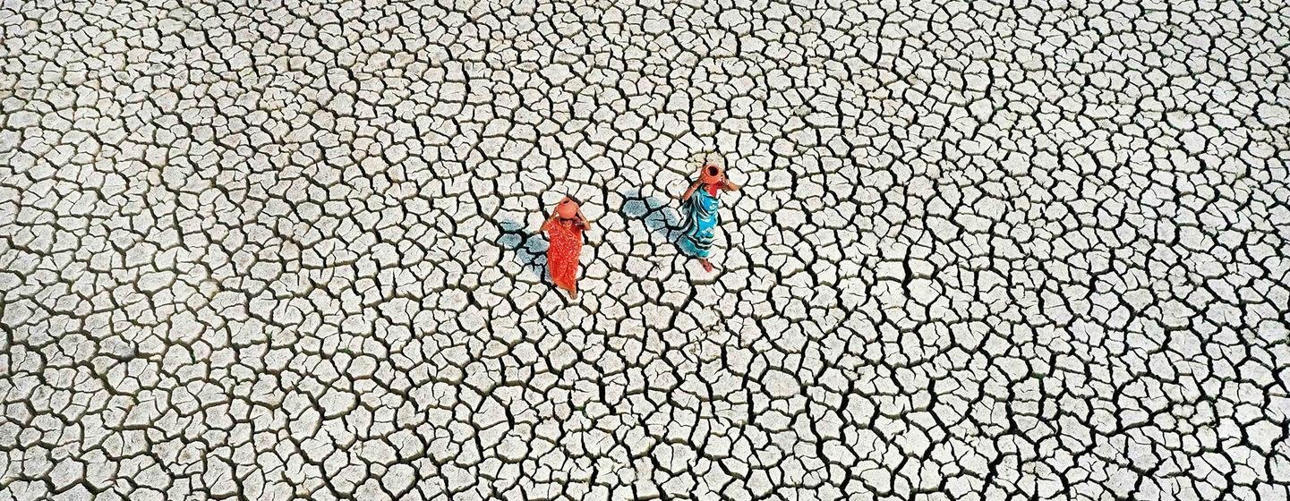 On bone-dry land, severely affected by drought, two women search for their daily water supply.