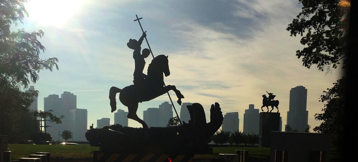 The "Good Defeats Evil" sculpture, located at UN Headquarters in New York, depicts an allegorical St. George slaying a double-headed dragon – symbolic of a nuclear war vanquished by historic treaties between the Soviet Union and United States.