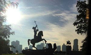 The "Good Defeats Evil" sculpture, located at UN Headquarters in New York, depicts an allegorical St. George slaying a double-headed dragon – symbolic of a nuclear war vanquished by historic treaties between the Soviet Union and United States.