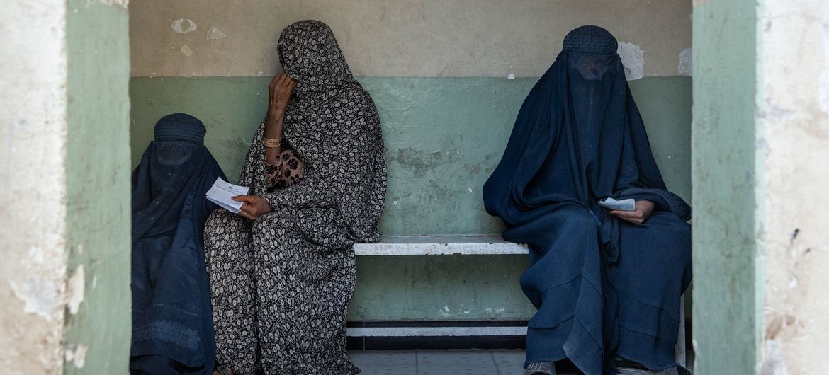 Women in a waiting room of a clinic in Afghanistan. 