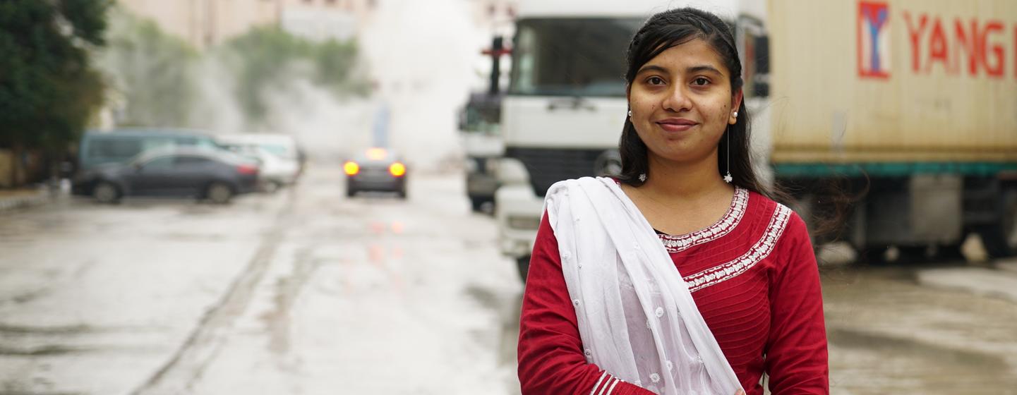 A portrait of Maya Aktar, from Bangladesh, who represents migrant workers in Jordan’s garment sector.