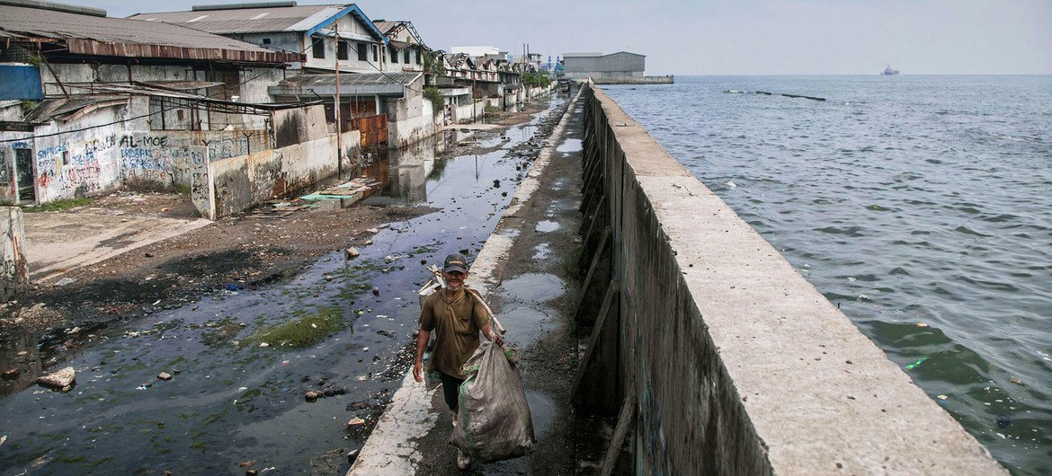 A man walks on a giant sea wall along the coast of Jakarta, Indonesia.