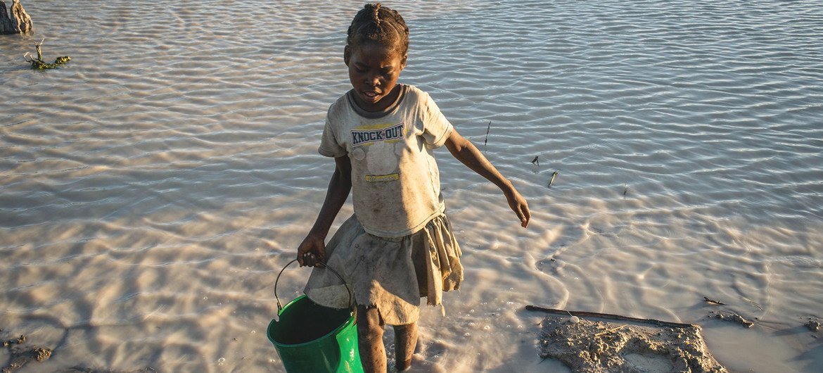 मध्य मैडागास्कर में एक बच्ची एक कृत्रिम तालाब से पानी भर कर ला रही है. 