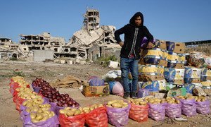 A young Libyan man sells fruits and vegetables in Old Town, Benghazi. (file)