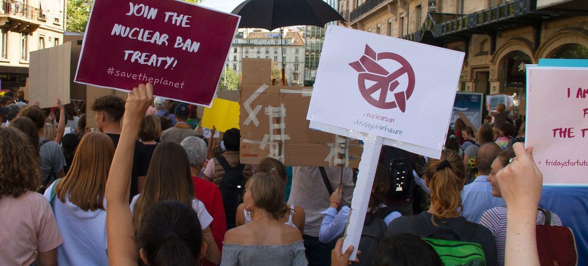 People protest against nuclear weapons at a worldwide climate strike in Geneva. (file)