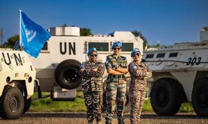 Kornelia Shikukumwa, Nupoor Sanjiv and Anuujin Amarjagal (from left to right) , UNMISS peacekeepers from Namibia, India and Mongolia , respectively, are photographed at the mission’s headquarters in Juba, South Sudan.