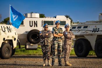 Kornelia Shikukumwa, Nupoor Sanjiv and Anuujin Amarjagal (from left to right) , UNMISS peacekeepers from Namibia, India and Mongolia , respectively, are photographed at the mission’s headquarters in Juba, South Sudan.