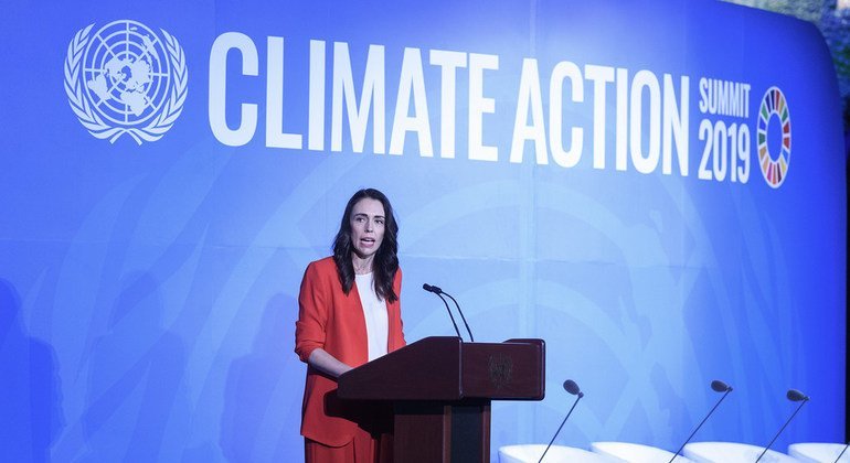 新西兰总理杰辛达·阿德恩（Jacinda Ardern）2019年9月在纽约联合国总部举行的气候行动峰会上发表讲话。