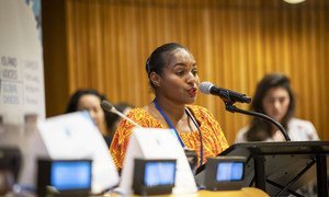 Vinzealhar Ainjo Kwangin Nen, a youth speaker from Papua New Guinea, addresses a meeting on Small Island Developing States at the United Nations in New York...