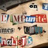 Conception d'une affiche pour la Journée internationale de la fin de l'impunité pour les crimes commis contre les journalistes, présentant un collage de coupures de journaux déchirées formant la phrase en français.