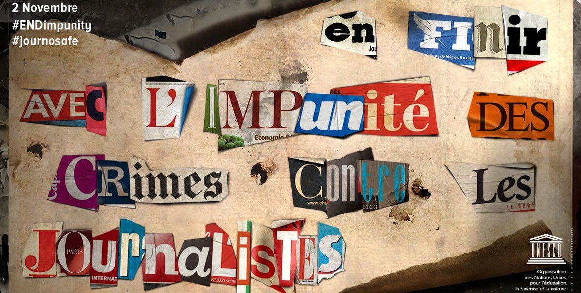 Une affiche de la Journée internationale de la fin de l'impunité pour les crimes commis contre des journalistes.