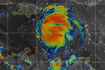 Satellite image of Hurricane Beryl in the Caribbean, a category 5 storm with 165-mph winds as of  8:00 AM on July 2, 2024.