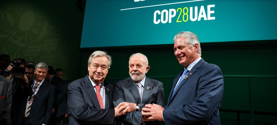 UN Secretary-General António Guterres, alongside Luiz Inácio 'Lula' da Silva, President Brazil and Miguel Díaz-Canel, President of Cuba attend the G77 and China Leaders' Summit during COP28, in Dubai, United Arab Emirates.