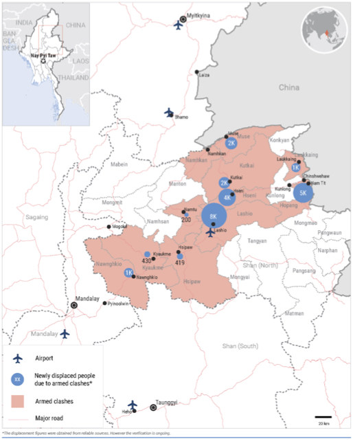 Reports of fresh displacement in Shan (North), Myanmar. Some figures are under verification.