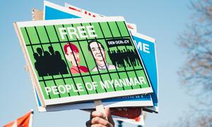 Protesters in Washington DC, United States, march against the military takeover in Myanmar.