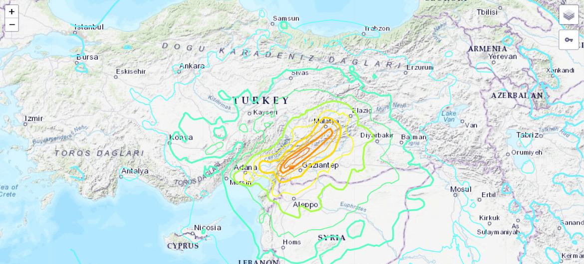 The magnitude of the earthquake affecting Türkiye and Syria is shown in darker colors.