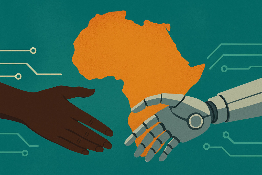 Picha ya mkono wa kibinadamu na mkono wa roboti wanaosikiliana juu ya ramani ya rangi ya machungwa ya Afrika.