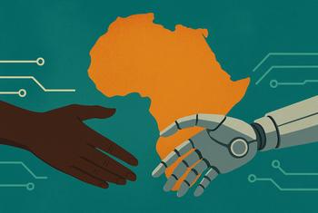 Uma ilustração de uma mão humana e uma mão robótica a apertar as mãos sobre um mapa laranja estilizado da África.