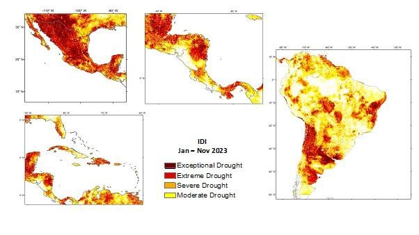 خشکسالی در آمریکای لاتین و دریای کارائیب بین ژانویه و نوامبر 2023.