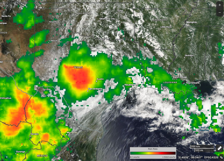One-day precipitation totals from NASA’s IMERG multi-satellite precipitation product show heavy rainfall over central Texas on July 4, 2025. One-day precipitation totals from NASA’s IMERG multi-satellite precipitation product show heavy rainfall over central Texas on July 4, 2025.