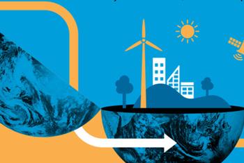 Une infographie illustrant le concept de développement durable, présentant une éolienne, des panneaux solaires, un satellite et une ville sur un globe terrestre.