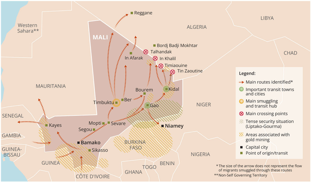 Key migrant smuggling routes into and to Mali (2020/2021)