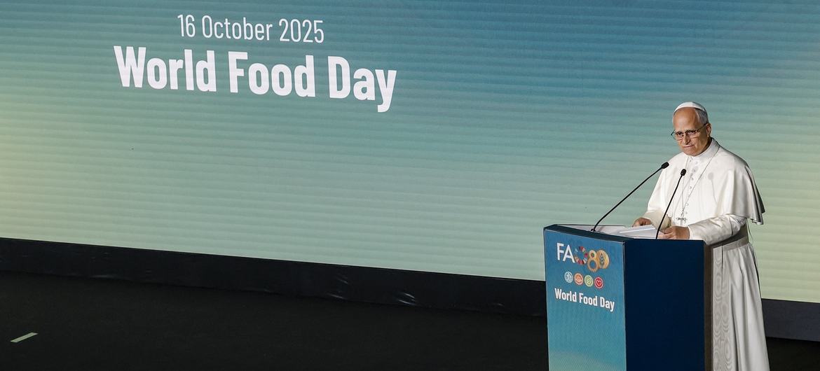 El Papa León XIV pronuncia su discurso durante la ceremonia del Día Mundial de la Alimentación.