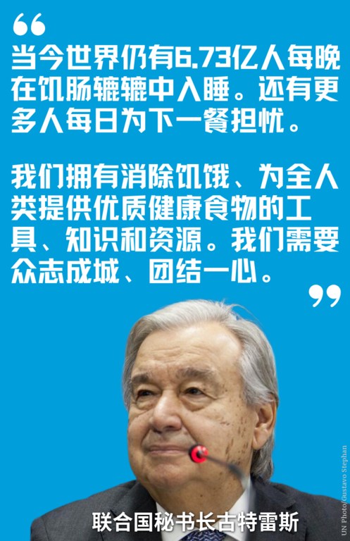 当今世界仍有6.73亿人每晚在饥肠辘辘中入睡。还有更多人每日为下一餐担忧。我们拥有消除饥饿、为全人类提供优质健康食物的工具、知识和资源。我们需要众志成城、团结一心。