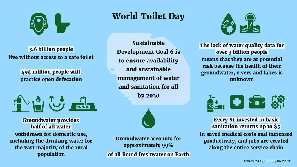 An infographic about World Toilet Day, featuring statistics on global sanitation, water access, and the Sustainable Development Goals.