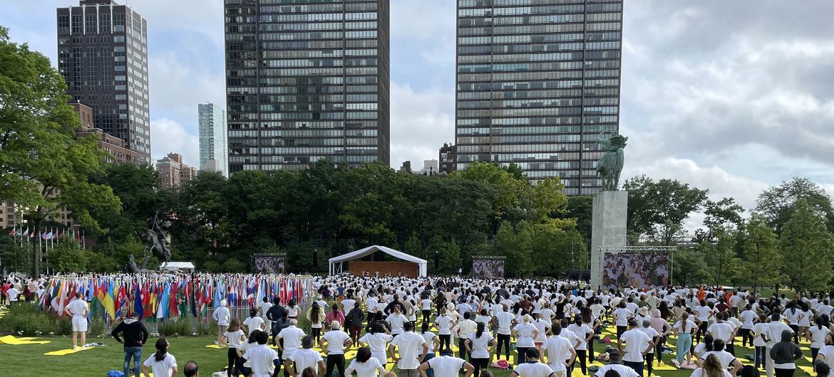 纽约联合国总部北草坪成为临时的户外瑜伽馆。