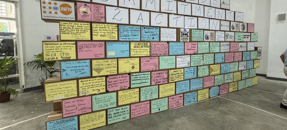 The “wall of commitment” built by delegates from the SIDS Global Children and Youth Action Summit ahead of the SIDS4 conference in Antigua and Barbuda.