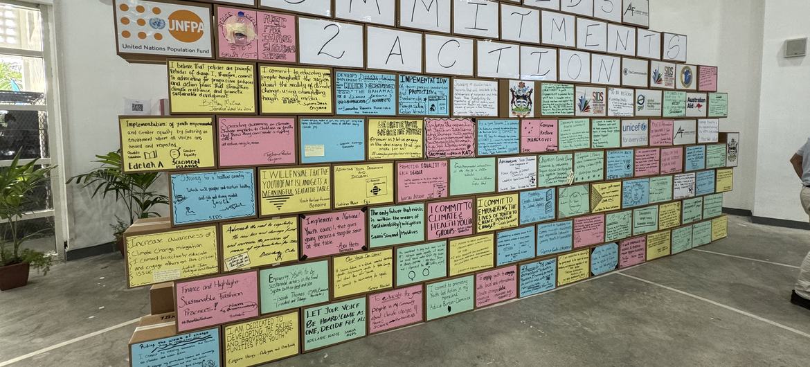 The “wall of commitment” built by delegates from the SIDS Global and Youth Action Summit ahead of the SIDS4 conference in Antigua and Barbuda.