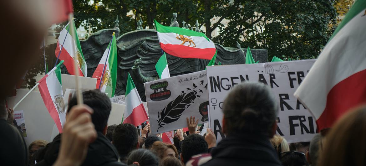 Demonstrators in Sweden call for justice after the death of Masha Amini in custody of the &quot;morality police&quot; in Iran.