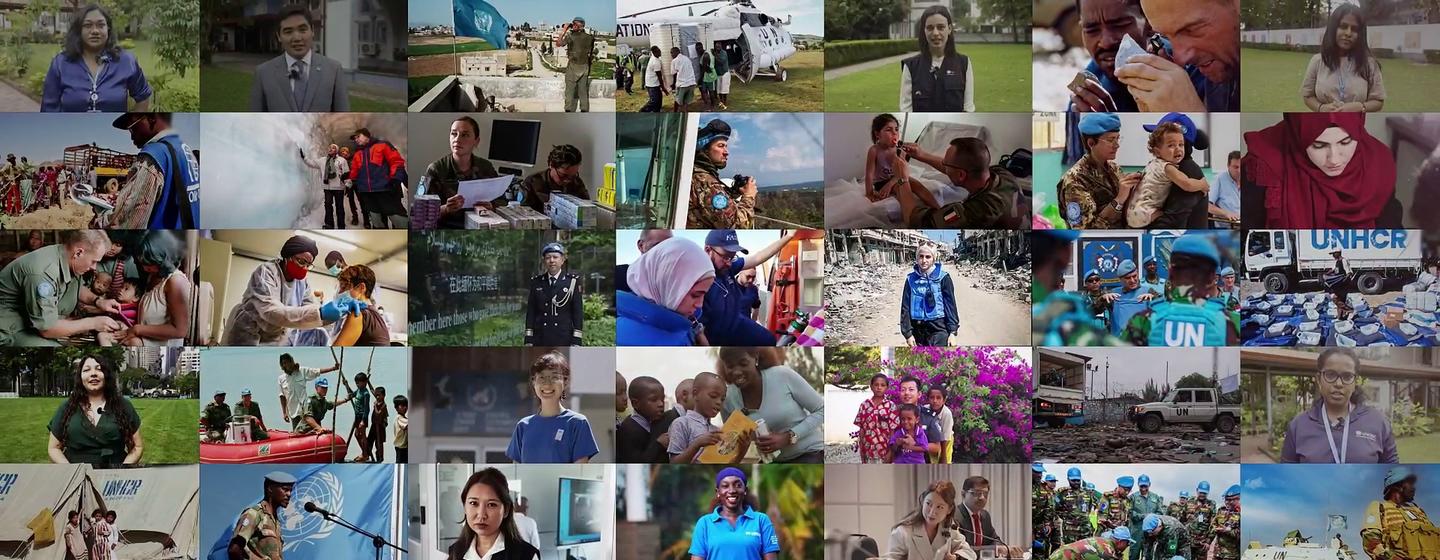 一组图片拼贴，展示了UNHCR和United Nations工作人员在各地提供人道主义援助，包括维和、医疗援助和救援工作。