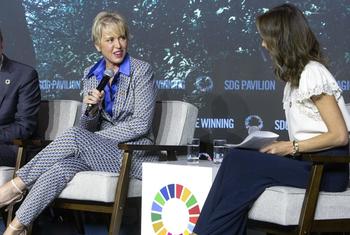 Carme Artigas, Secretary of State for AI and Digitalization, speaking at the SDG Pavilion in September, 2023