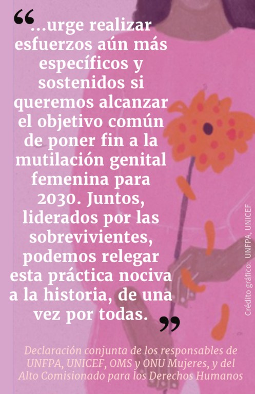 "...urge realizar esfuerzos aún más específicos y sostenidos si queremos alcanzar el objetivo común de poner fin a la mutilación genital femenina para 2030. Juntos, liderados por las sobrevivientes, podemos relegar esta práctica nociva a la historia, de …