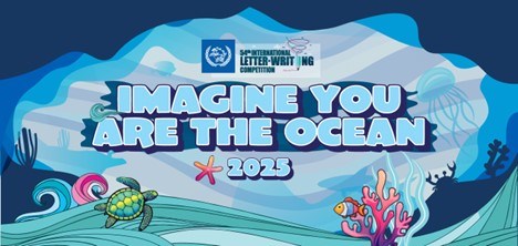 Arte promocional para o Concurso Internacional de Redação de Cartas da UPU 2025, apresentando o slogan "Imagine que você é o oceano" sobre uma ilustração de uma tartaruga marinha e um recife de coral.