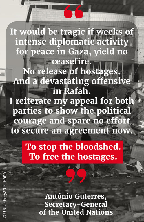 “It would be tragic if weeks of intense diplomatic activity for peace in Gaza, yield no ceasefire. No release of hostages. And a devastating offensive in Rafah. I reiterate my appeal for both parties to show the political courage and spare no effort to s…