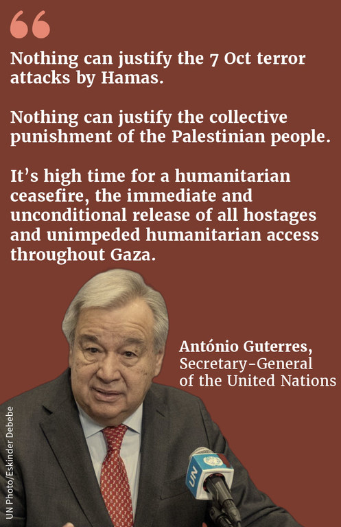 "Nothing can justify the abhorrent 7 October terror attacks by Hamas. Nothing can justify the collective punishment of the Palestinian people. It is time for a humanitarian ceasefire, the immediate and unconditional release of all hostages and unimpeded a