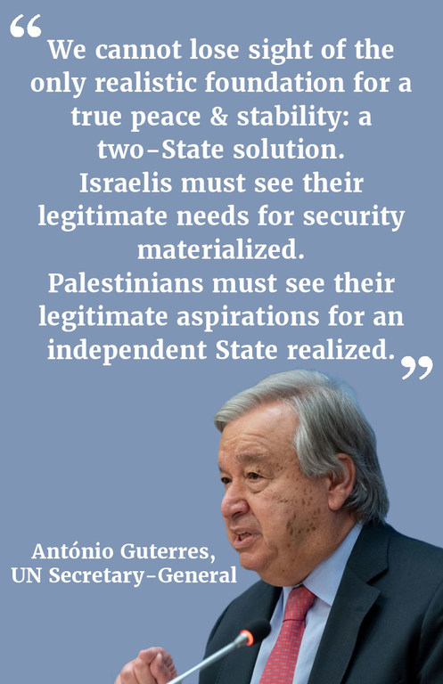 "We cannot lose sight of the only realistic foundation for a true peace and stability: a two-State solution. Israelis must see their legitimate needs for security materialized. Palestinians must see their legitimate aspirations for an independent State."