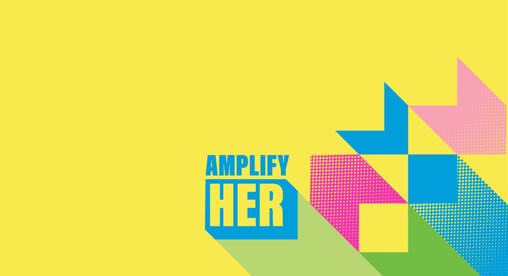 A graphic design for the amplifyHER campaign, featuring the text 'AMPLIFY HER' in yellow and blue, with the UN logo at the top.