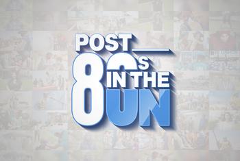 标题"POST 80s IN THE UN"以蓝色和白色的艺术字体呈现，背景为联合国维和人员及行动的老照片拼贴。
