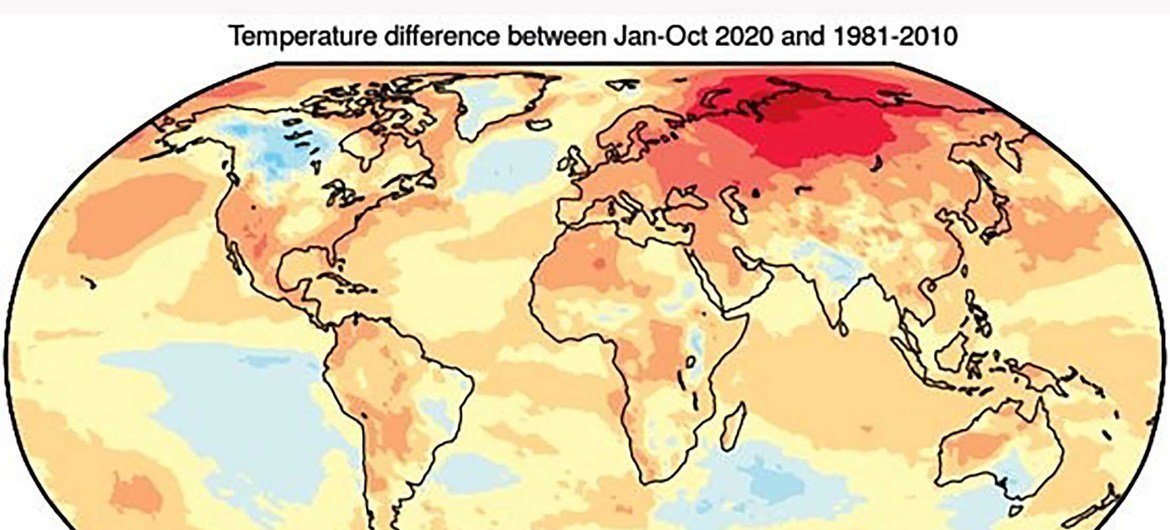Anomalies de température par rapport à la moyenne à long terme 1981-2010 d’après la réanalyse ERA5 du CEPMMT pour la période janvier-octobre 2020