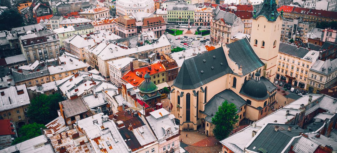 Vista aérea de Lviv, na Ucrânia. 