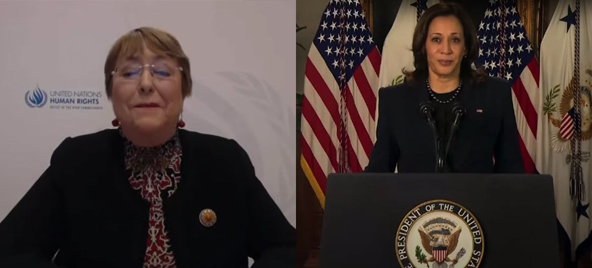 Michelle Bachelet, UN High Commissioner for Human Rights (left); and Kamala Harris, US Vice President (right) address the 65th session of the Commission on the Status of Women. (screenshot)
