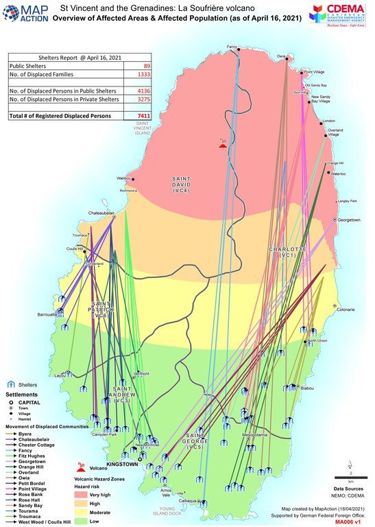 Map showing affected areas and population following the eruptions of the La Soufrière volcano in St. Vincent and Grenadines as of 16 April 16, 2021.